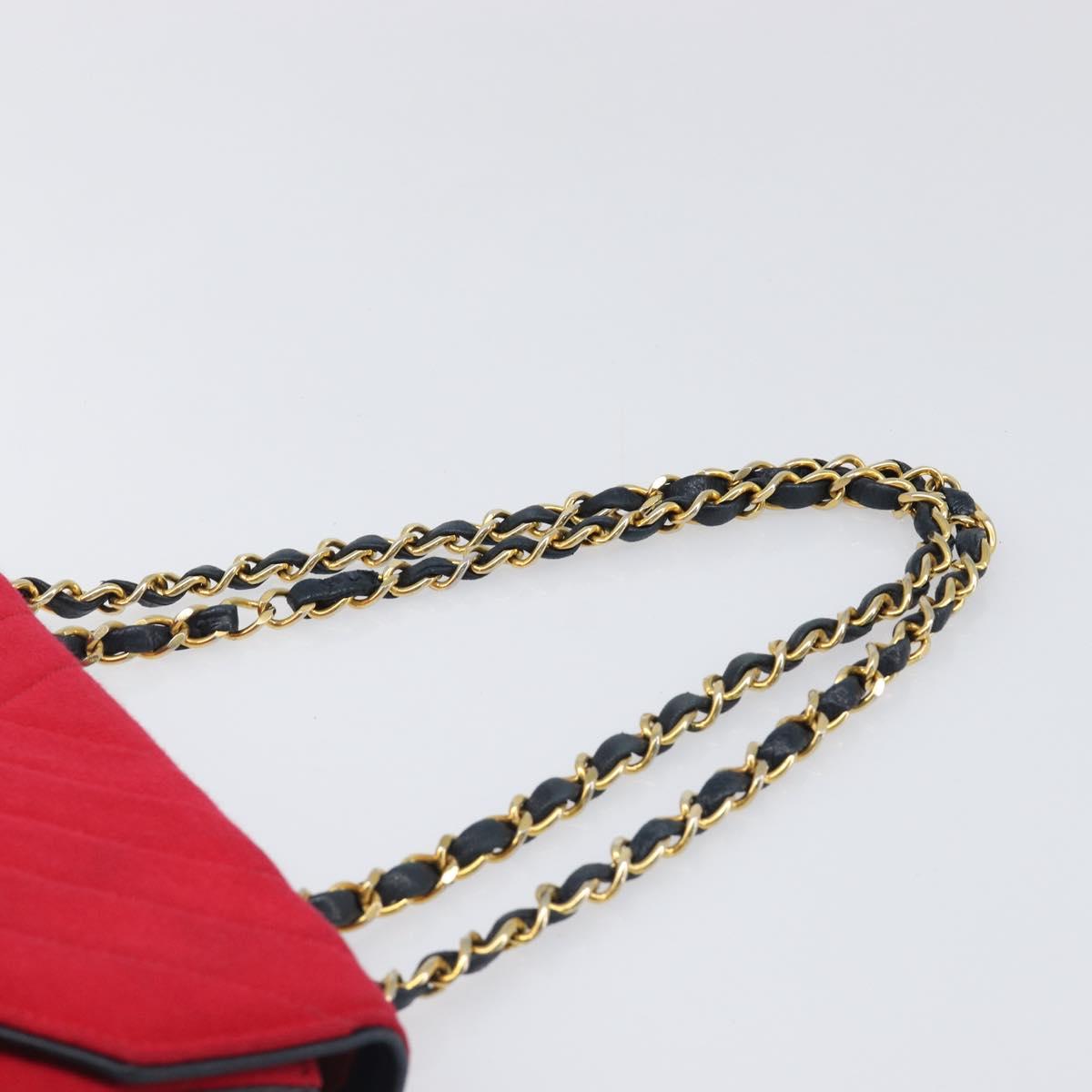 CHANEL Chain V Stitch Shoulder Bag Cotton Red Gold CC Auth bs36943A
