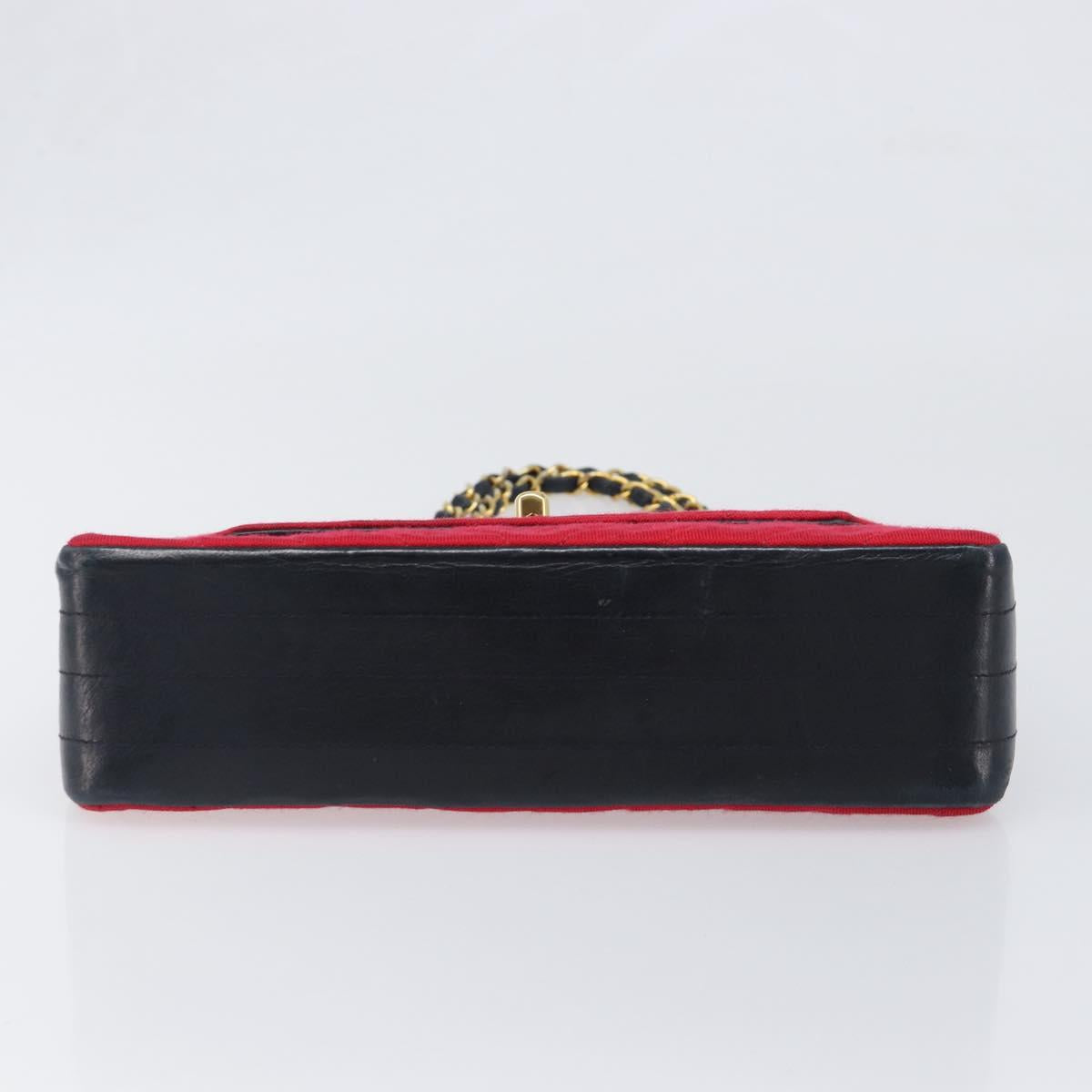 CHANEL Chain V Stitch Shoulder Bag Cotton Red Gold CC Auth bs36943A
