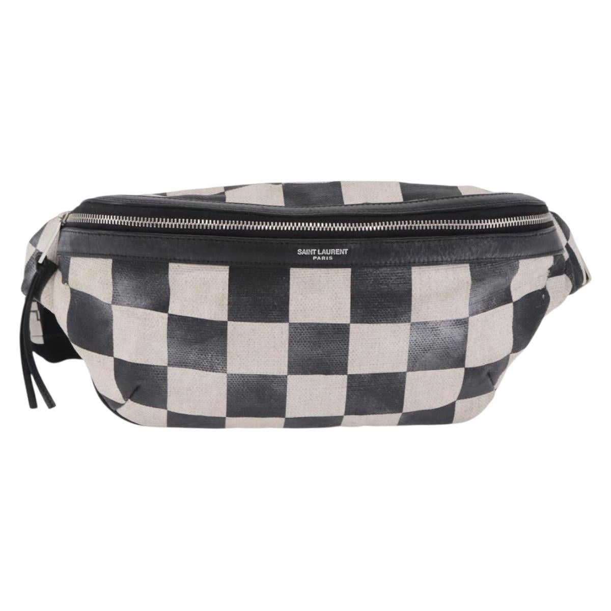 SAINT LAURENT Waist Bag Coated Canvas White Black Auth bs36944