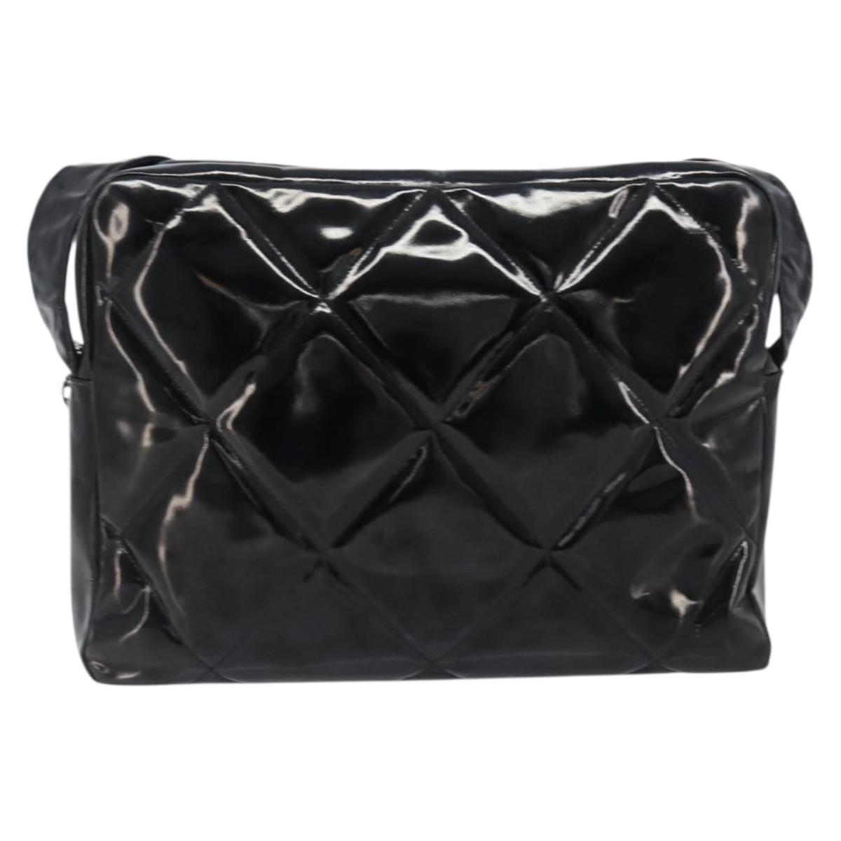 CHANEL Matelasse Shoulder Bag Patent leather Black Silver CC Auth bs36946