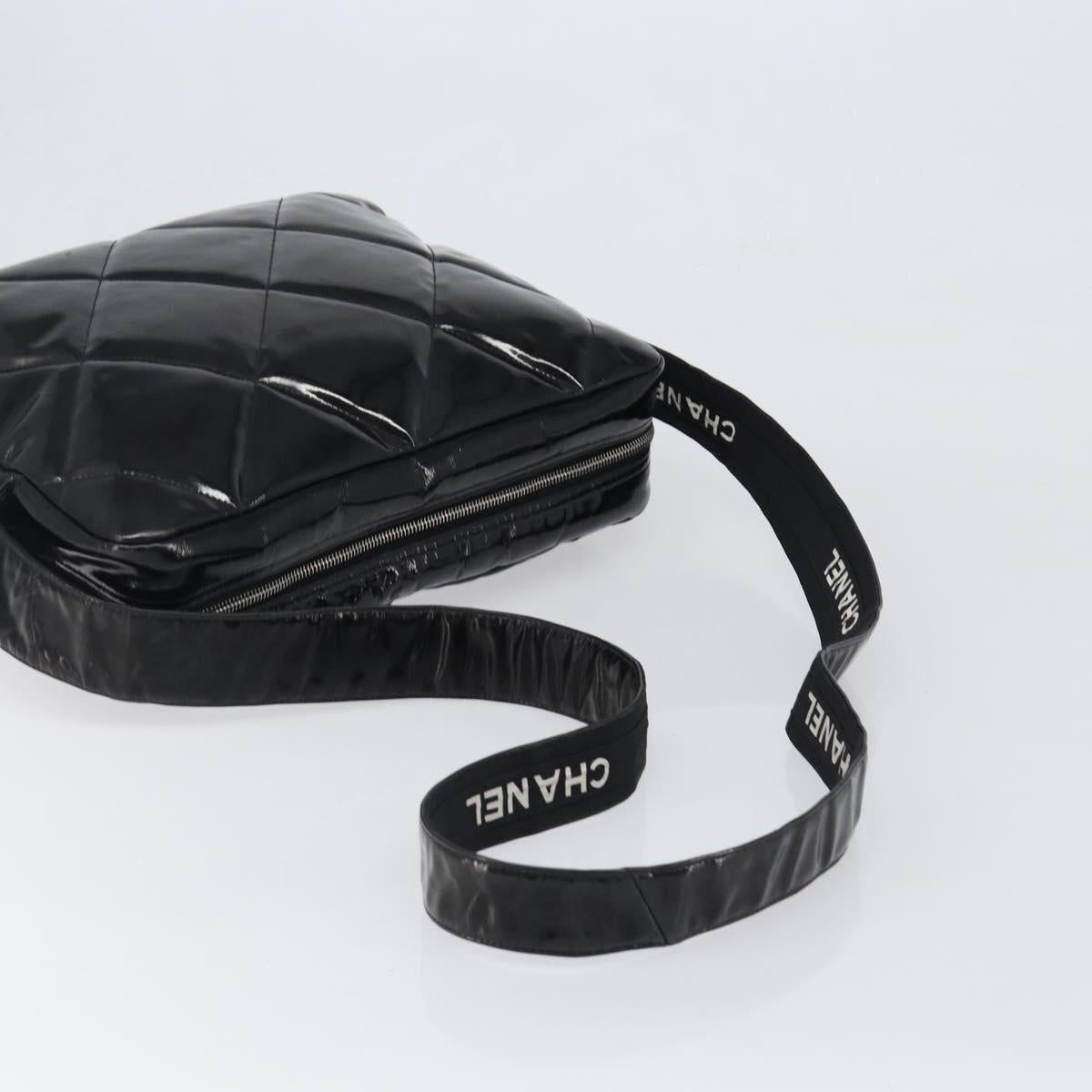 CHANEL Matelasse Shoulder Bag Patent leather Black Silver CC Auth bs36946