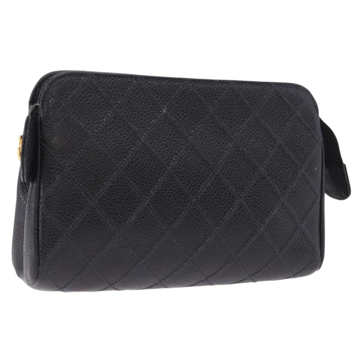 CHANEL Matelasse Pouch Caviar Skin Black Gold CC Auth bs36949