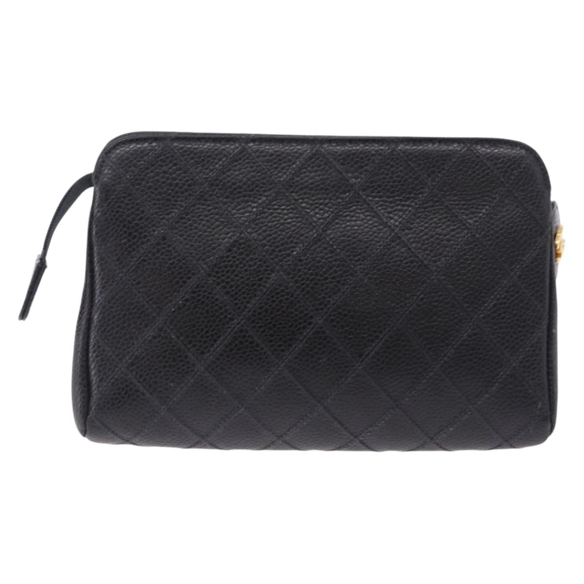 CHANEL Matelasse Pouch Caviar Skin Black Gold CC Auth bs36949