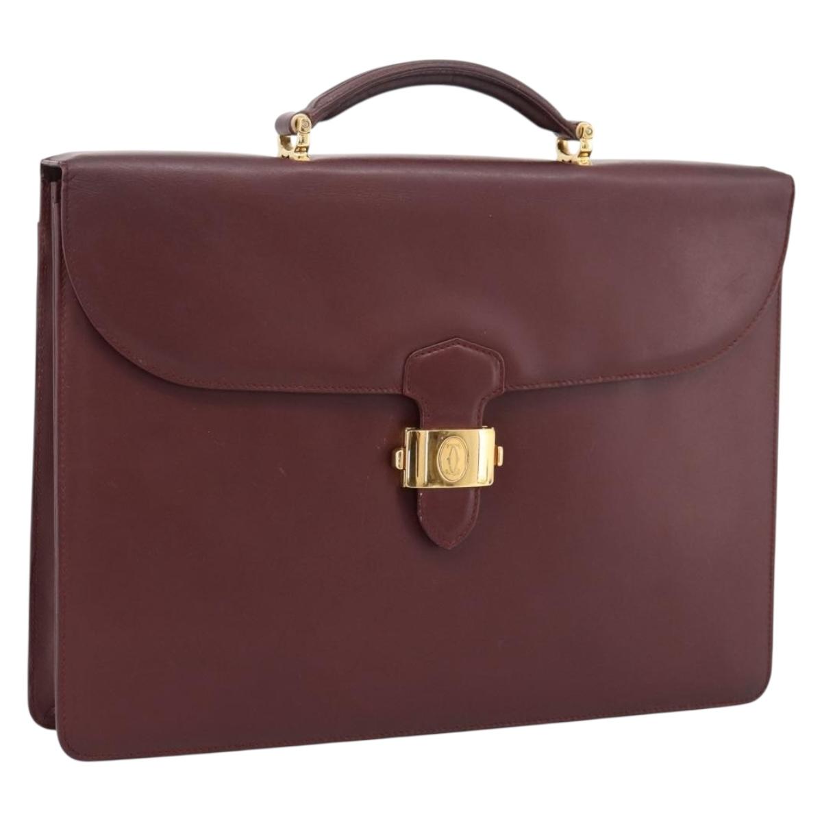 CARTIER Must Line Business Bag Leather Bordeaux Gold Auth bs36958