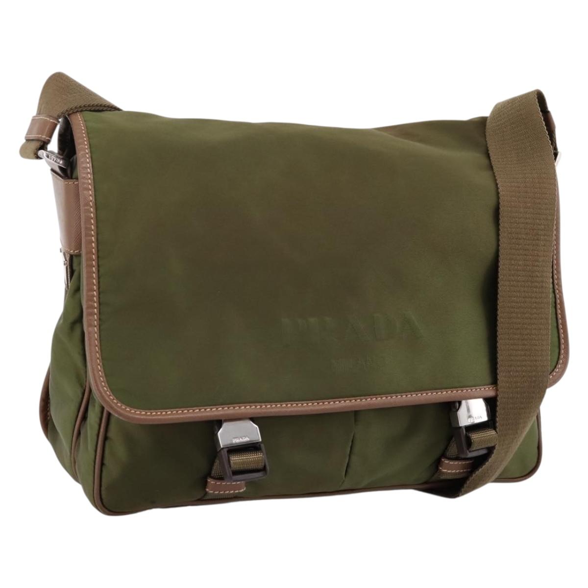 PRADA Shoulder Bag Nylon Khaki Silver Auth bs36961
