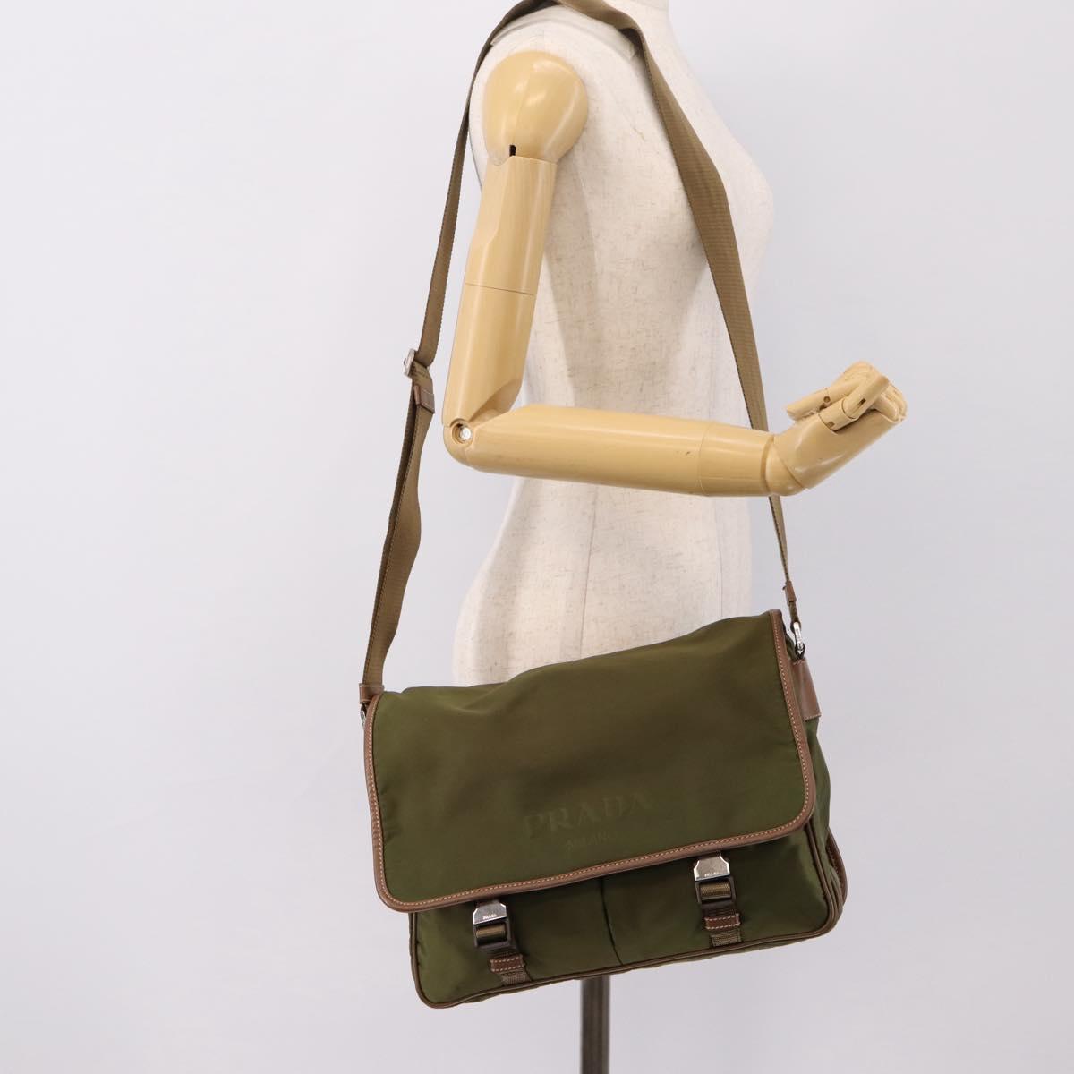 PRADA Shoulder Bag Nylon Khaki Silver Auth bs36961