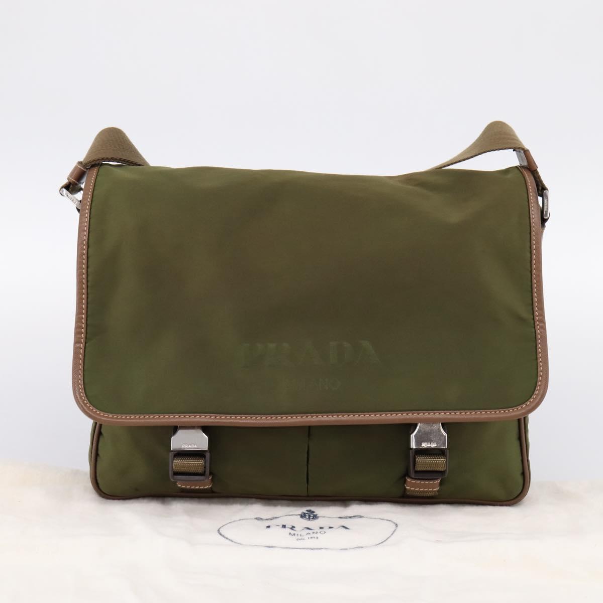 PRADA Shoulder Bag Nylon Khaki Silver Auth bs36961