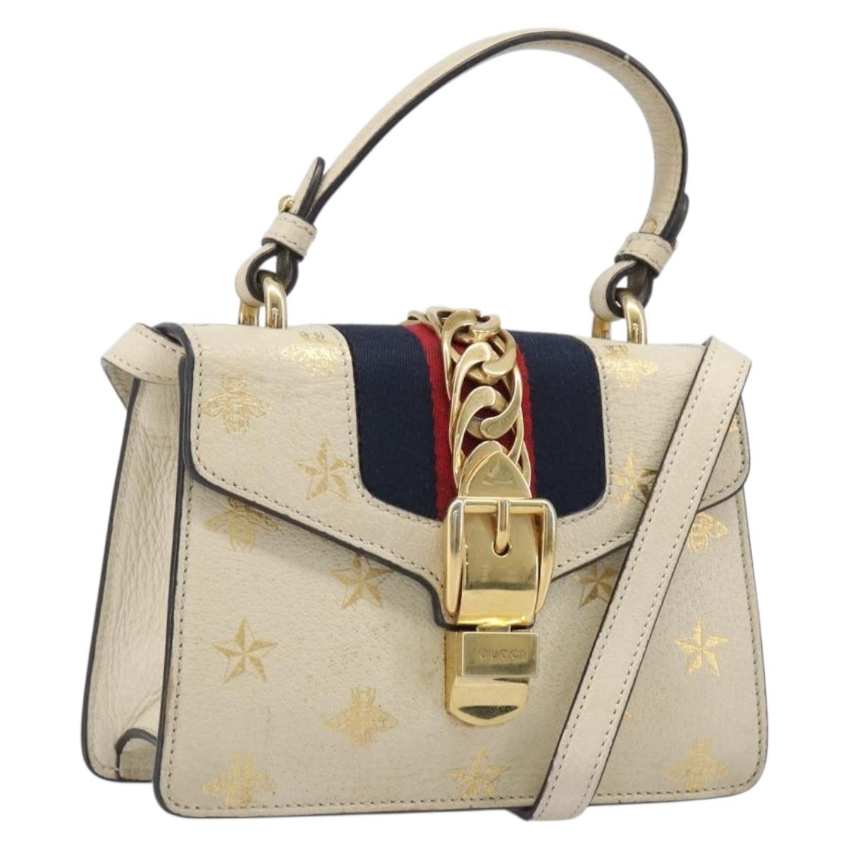 GUCCI Silvi Sherry Line Hand Bag Leather 2way White Gold 470270 Auth bs36962