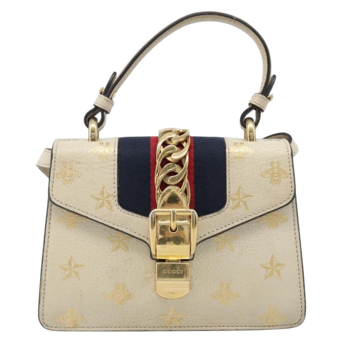 GUCCI Silvi Sherry Line Hand Bag Leather 2way White Gold 470270 Auth bs36962