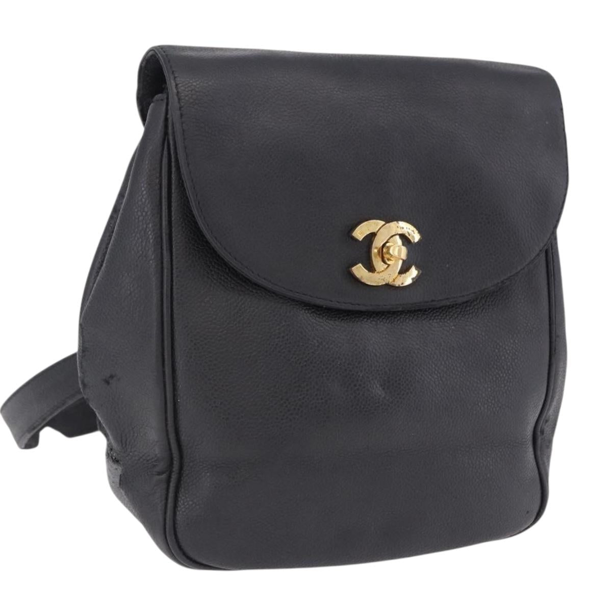 CHANEL Backpack Caviar Skin Black Gold CC Auth bs36973