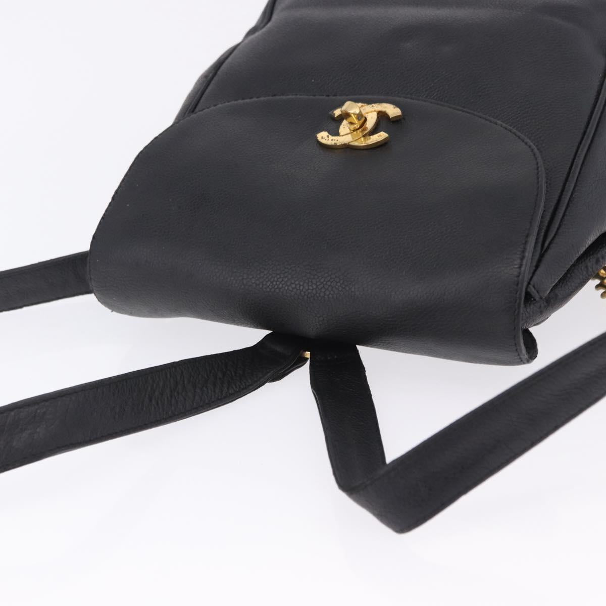 CHANEL Backpack Caviar Skin Black Gold CC Auth bs36973