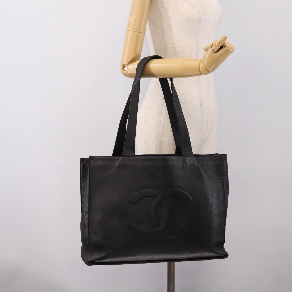 CHANEL COCO Mark Tote Bag Caviar Skin Black Gold CC Auth bs36974