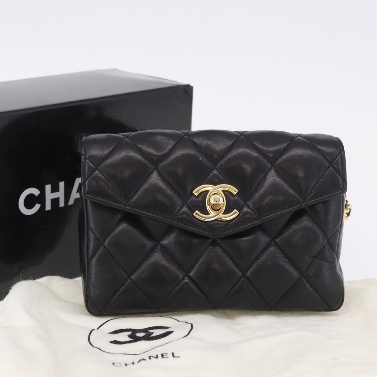 CHANEL Matelasse Chain Waist bag Lamb Skin Black Gold CC Auth bs36984A