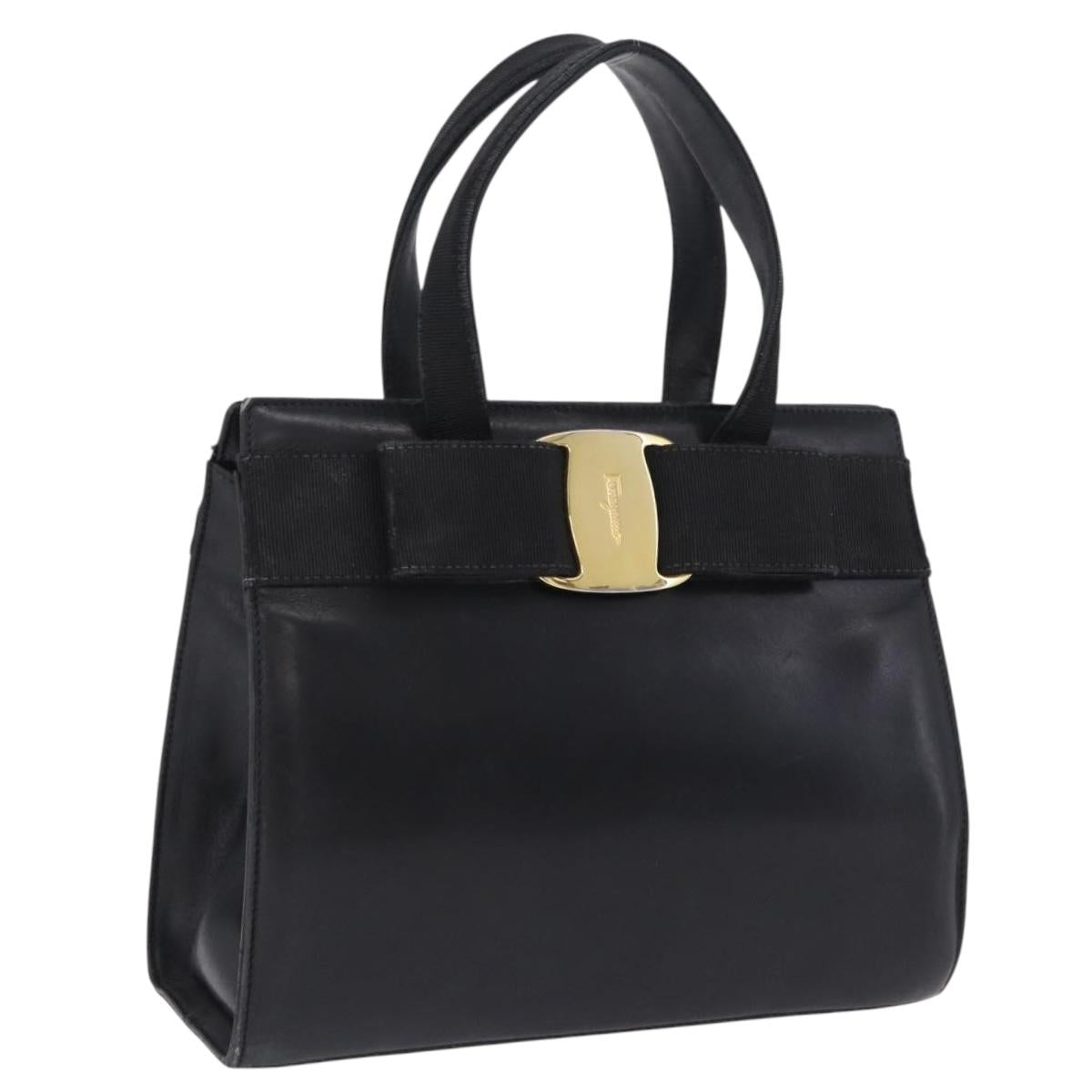 Salvatore Ferragamo Vala Hand Bag Leather Black Gold Auth bs37001
