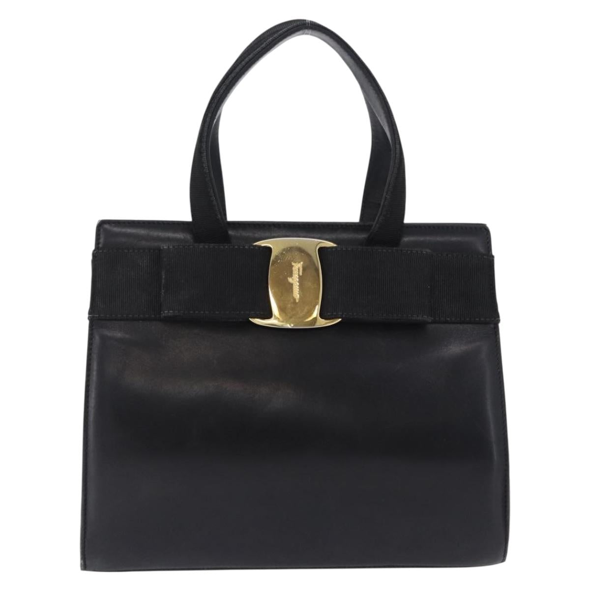 Salvatore Ferragamo Vala Hand Bag Leather Black Gold Auth bs37001