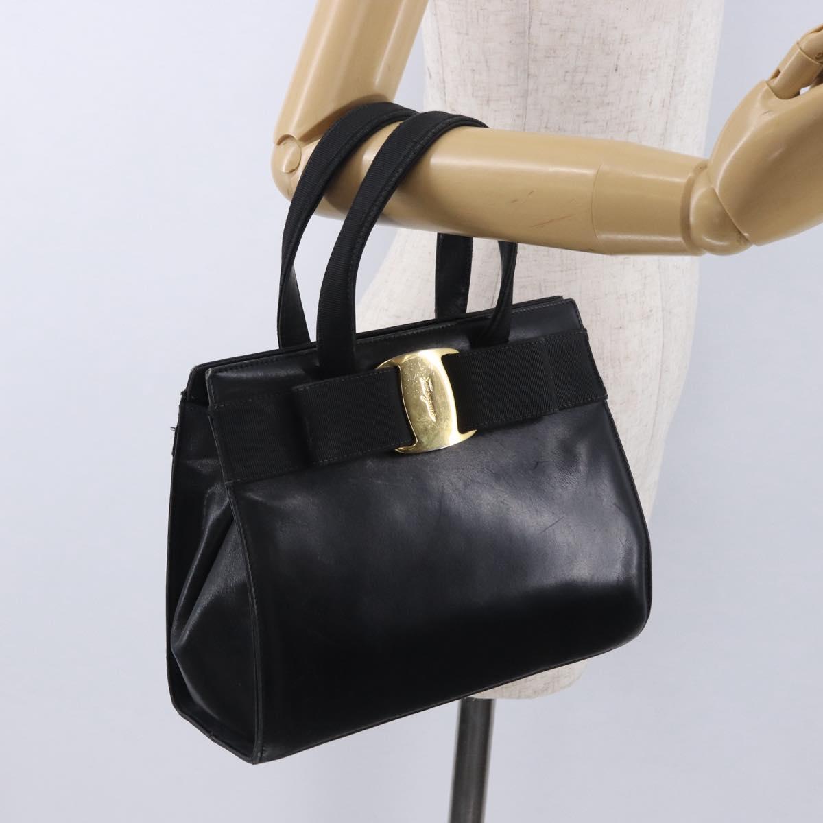 Salvatore Ferragamo Vala Hand Bag Leather Black Gold Auth bs37001
