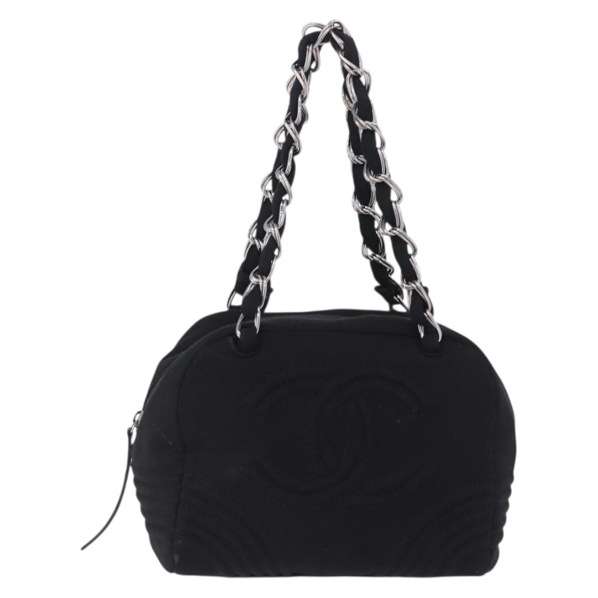 CHANEL Deca COCO Mark Chain Bag Cotton jersey Black Silver CC Auth bs37019