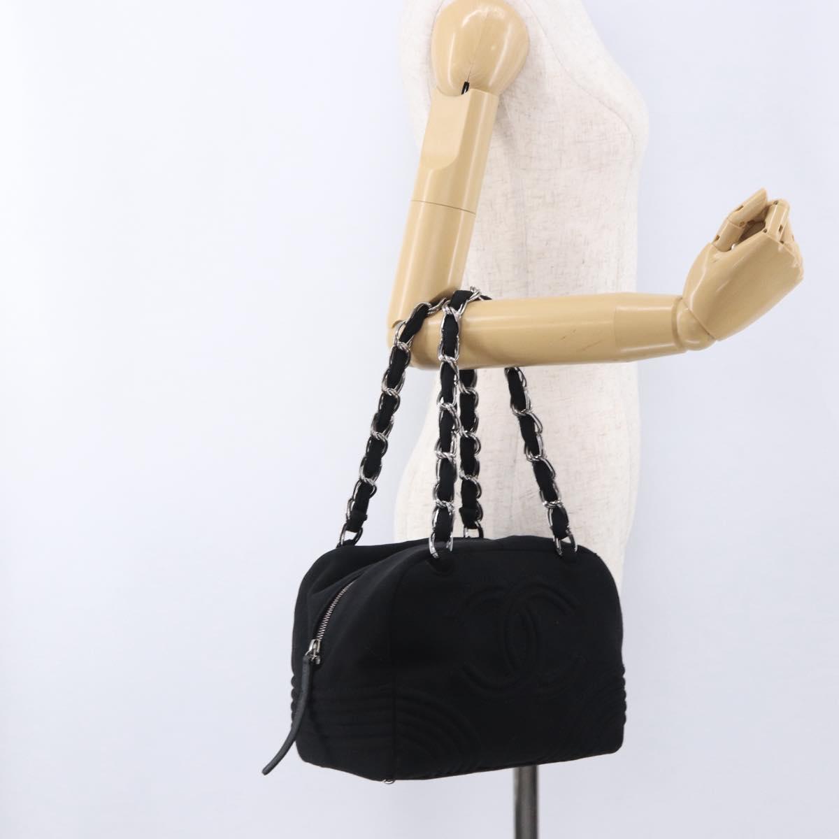 CHANEL Deca COCO Mark Chain Bag Cotton jersey Black Silver CC Auth bs37019