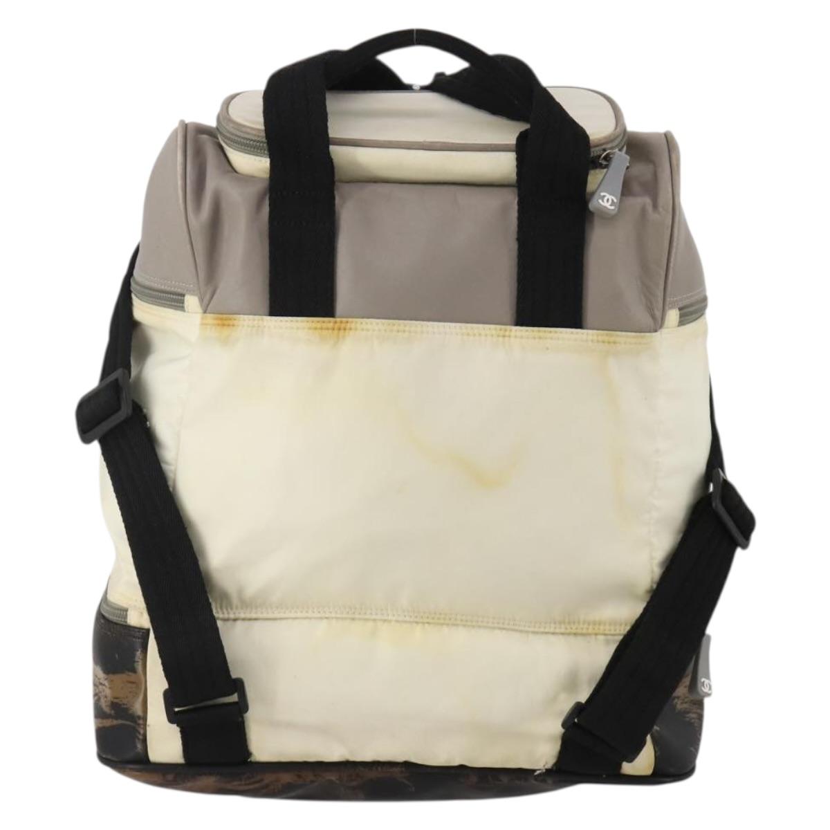 CHANEL Sports Line COCO Mark Backpack Nylon Leather Beige Silver CC Auth bs37020