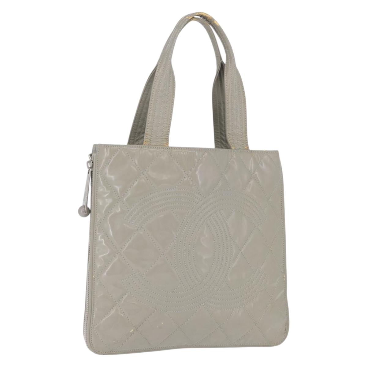CHANEL Matelasse COCO Mark Tote Bag Patent leather Beige Silver CC Auth bs37021