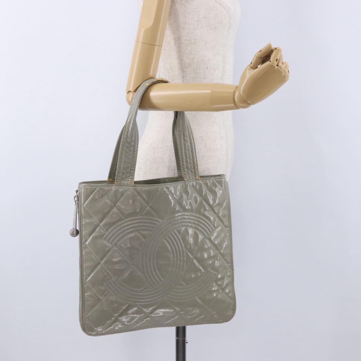 CHANEL Matelasse COCO Mark Tote Bag Patent leather Beige Silver CC Auth bs37021