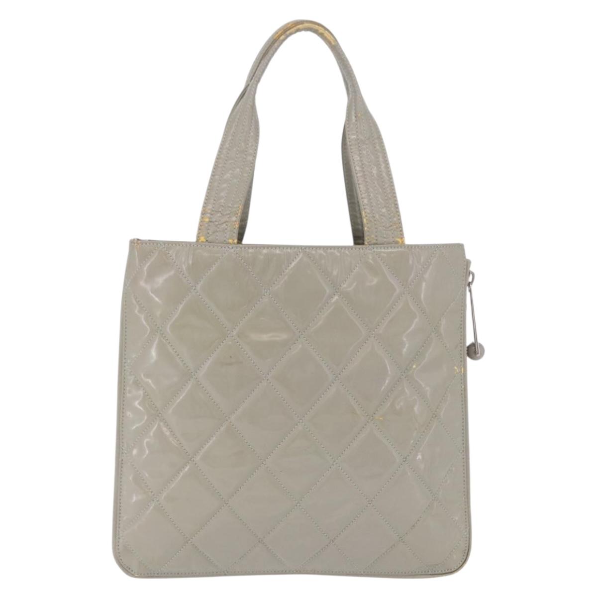 CHANEL Matelasse COCO Mark Tote Bag Patent leather Beige Silver CC Auth bs37021