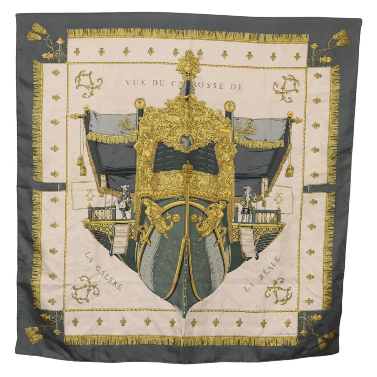 HERMES Carre 90 Scarf ""VUE DU CAROSSE DE"" Silk Gray Auth bs37041