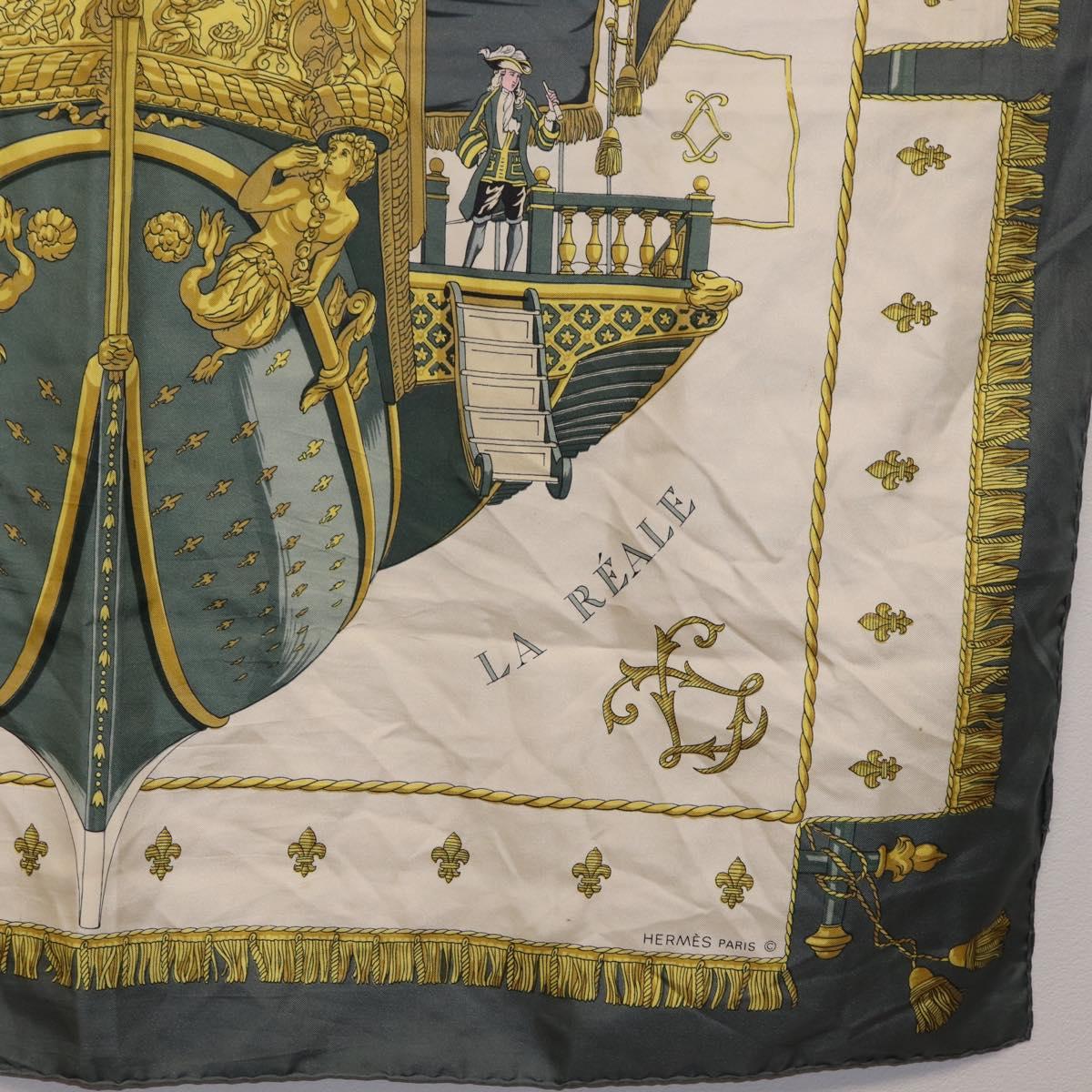 HERMES Carre 90 Scarf ""VUE DU CAROSSE DE"" Silk Gray Auth bs37041