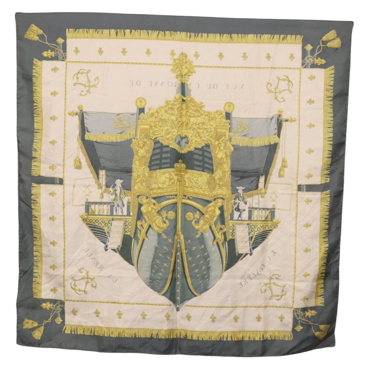 HERMES Carre 90 Scarf ""VUE DU CAROSSE DE"" Silk Gray Auth bs37041