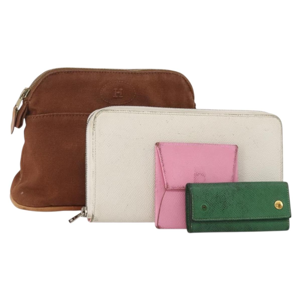 HERMES Wallet Leather Canvas 4 Set White Pink Green Auth bs37043