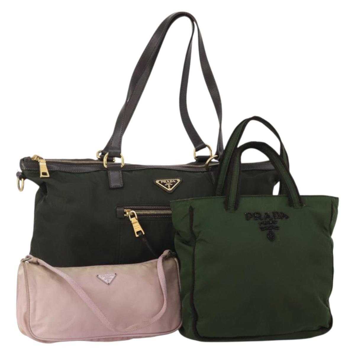 PRADA Hand Bag Nylon 3 Set Green Pink Auth bs37044