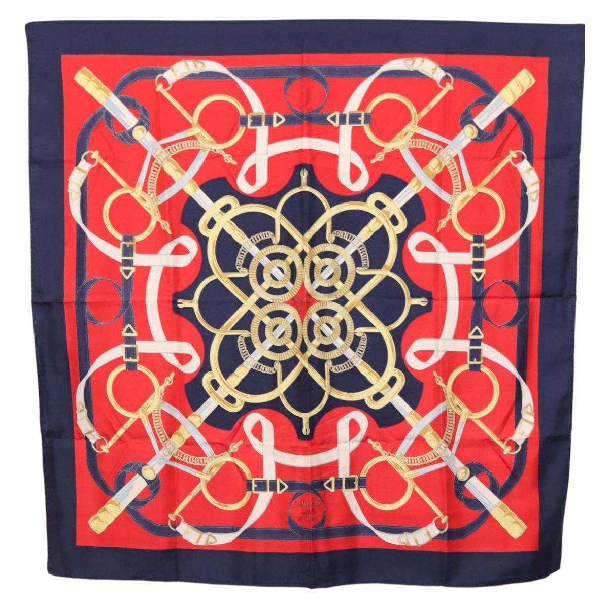 HERMES Carre 90 Scarf ”Eperon d' Or” Silk Navy Auth bs37045
