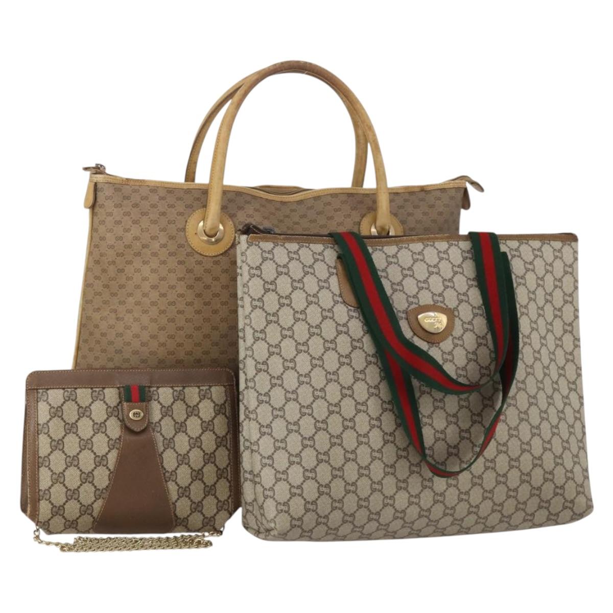 GUCCI GG Supreme Web Sherry Line Hand Bag PVC 3 Set Beige Auth bs37046