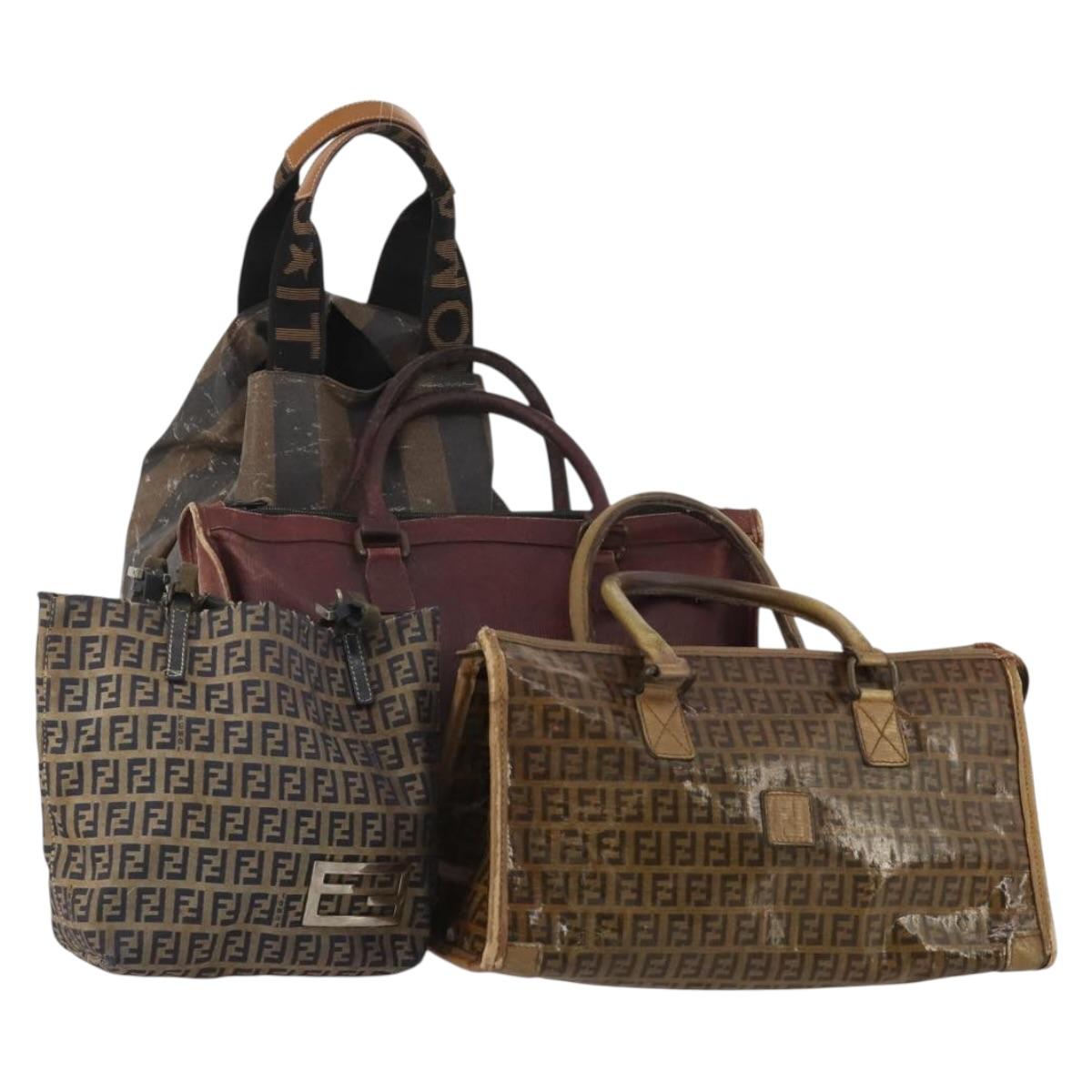 FENDI Tote Bag Coated Canvas Leather Nylon 4 Set Beige Black Brown Auth bs37049