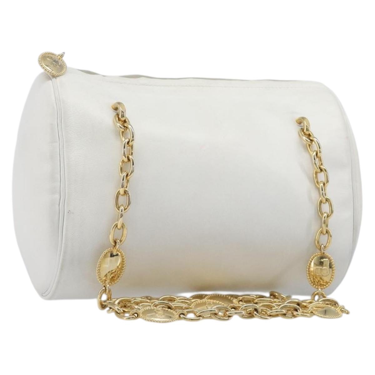 Christian Dior Chain Shoulder Bag Leather White Gold Tone Auth bs37056A