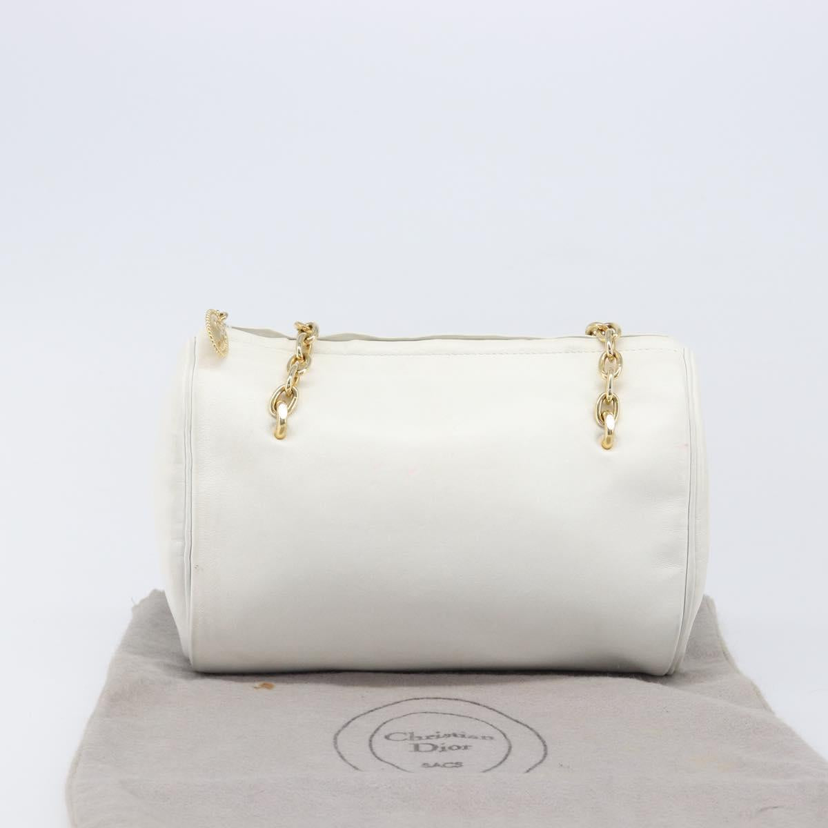 Christian Dior Chain Shoulder Bag Leather White Gold Tone Auth bs37056A