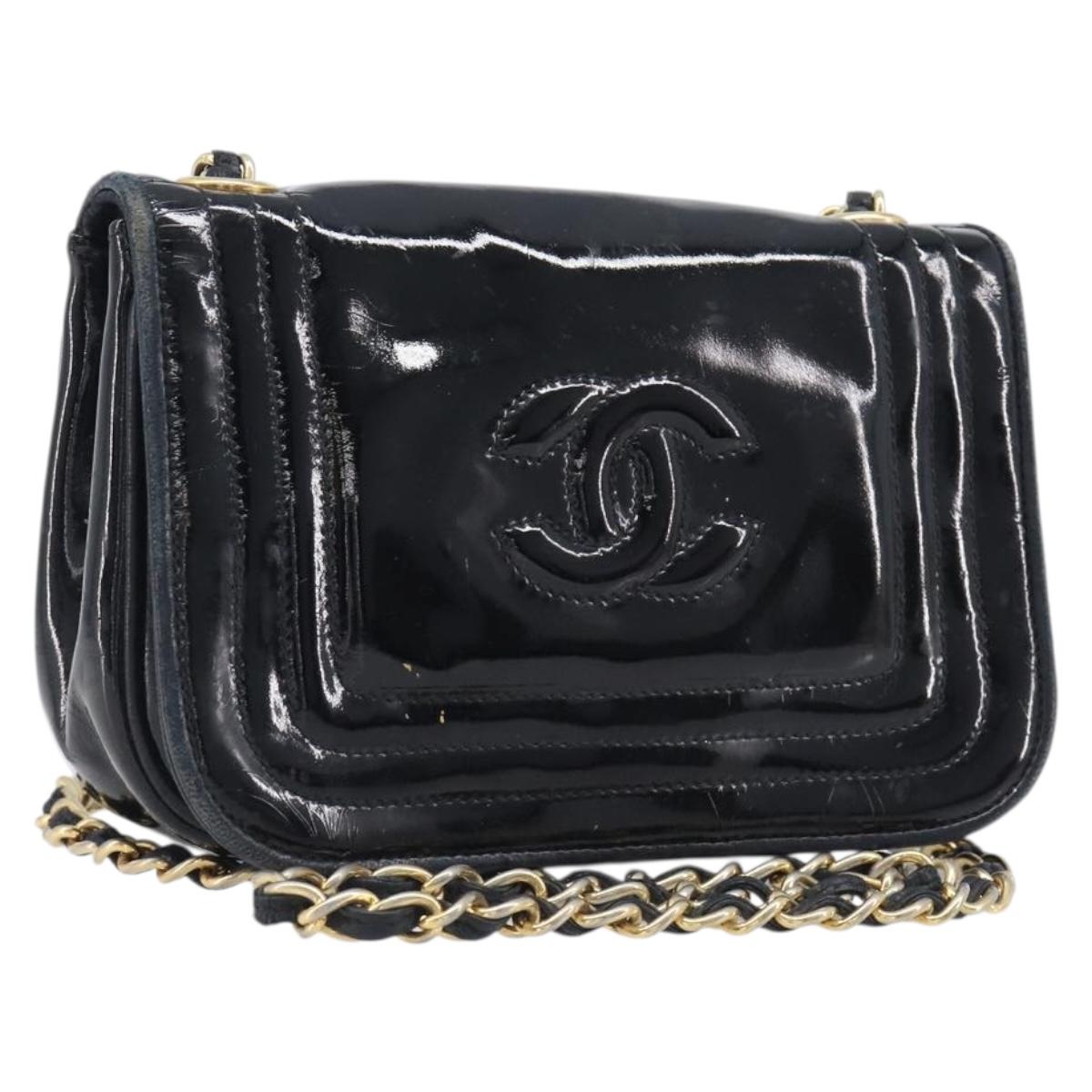 CHANEL Chain Shoulder Bag Patent Black Gold Tone CC Auth bs37062
