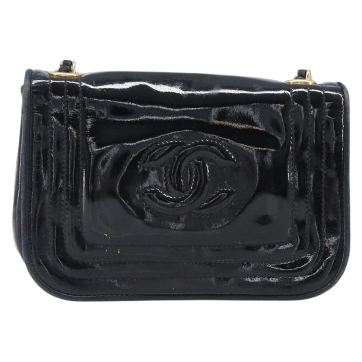 CHANEL Chain Shoulder Bag Patent Black Gold Tone CC Auth bs37062