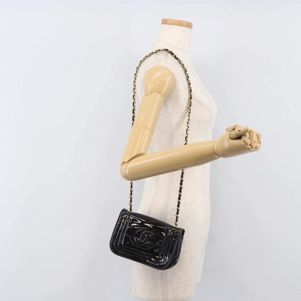 CHANEL Chain Shoulder Bag Patent Black Gold Tone CC Auth bs37062