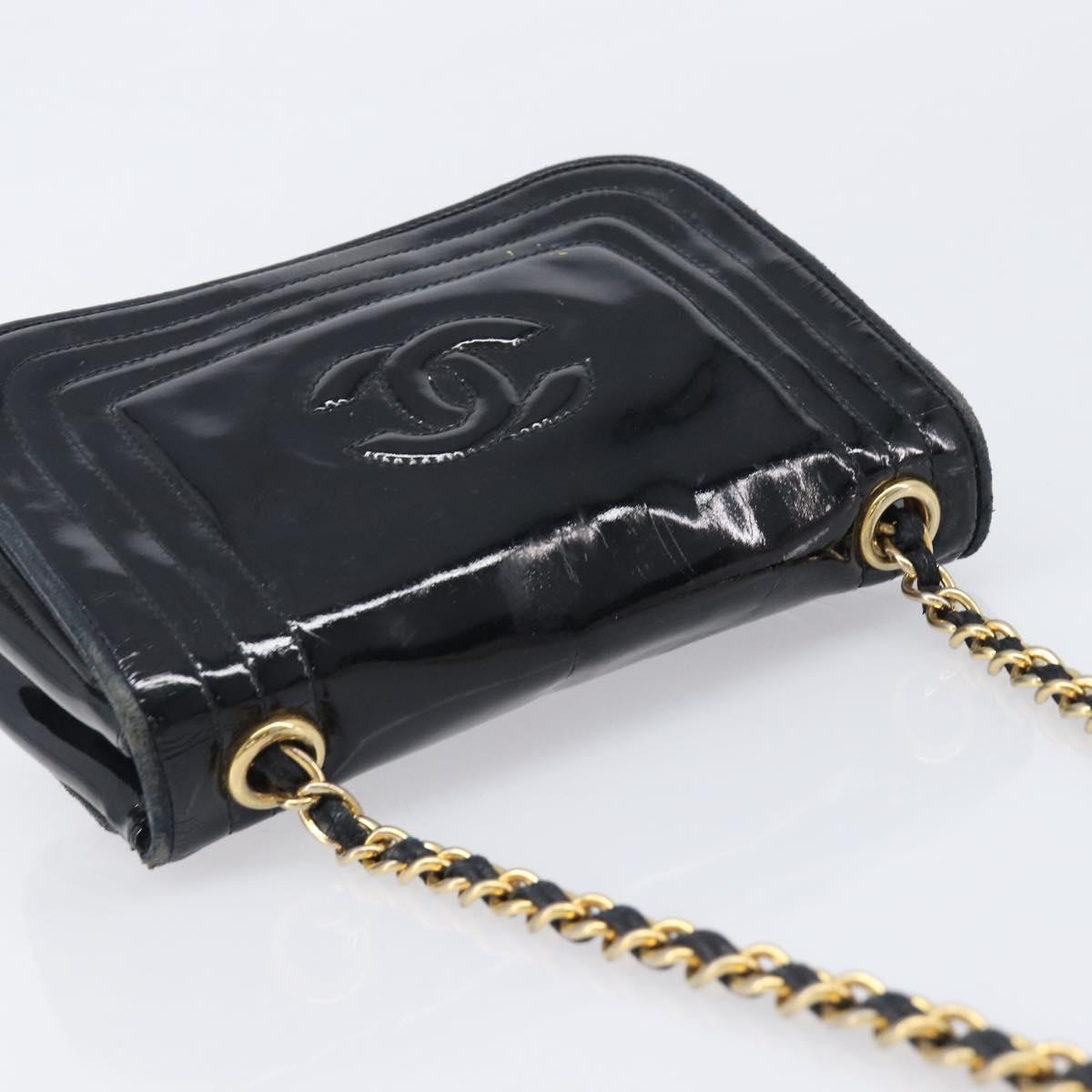 CHANEL Chain Shoulder Bag Patent Black Gold Tone CC Auth bs37062