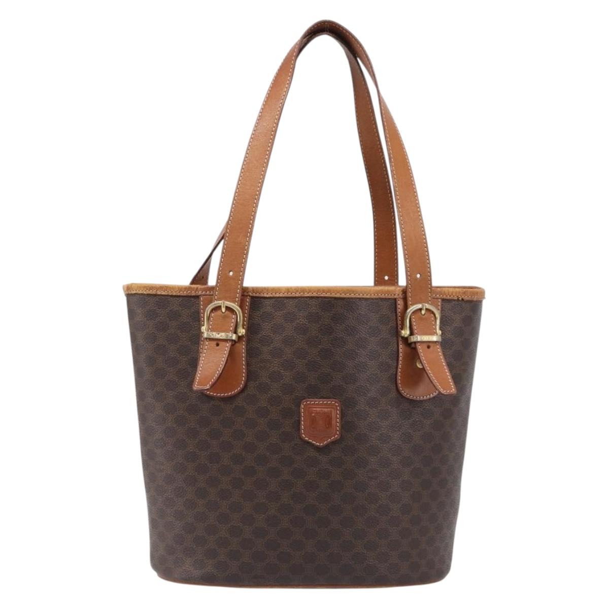 CELINE Macadam Tote Bag PVC Leather Brown Gold Tone Auth bs37063