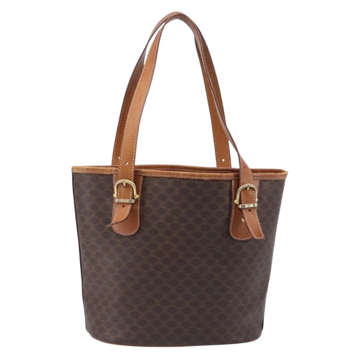 CELINE Macadam Tote Bag PVC Leather Brown Gold Tone Auth bs37063
