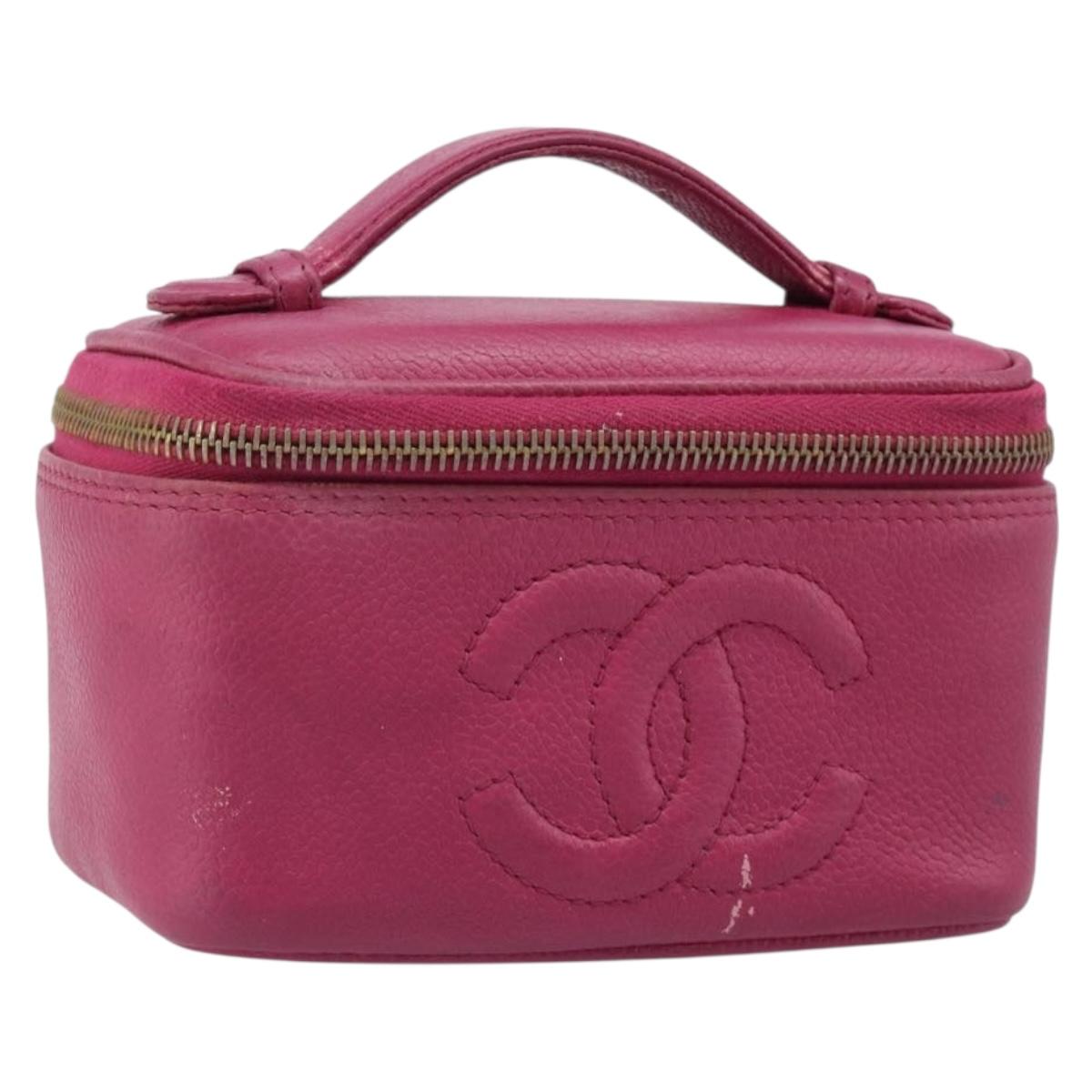 CHANEL Vanity Cosmetic Pouch Caviar Skin Pink Gold Tone CC Auth bs37065