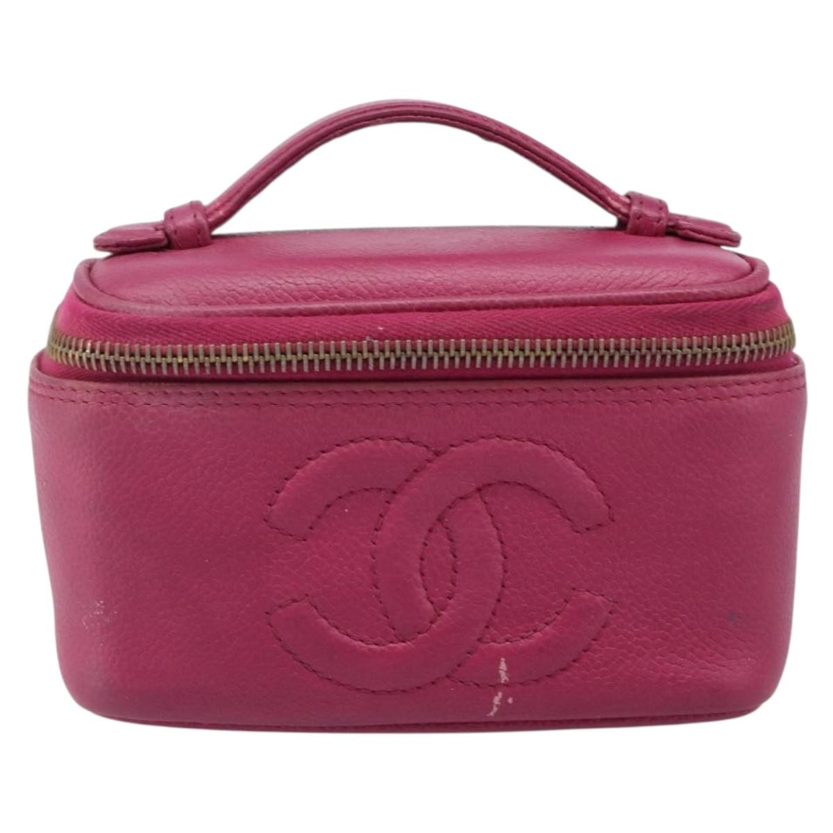 CHANEL Vanity Cosmetic Pouch Caviar Skin Pink Gold Tone CC Auth bs37065