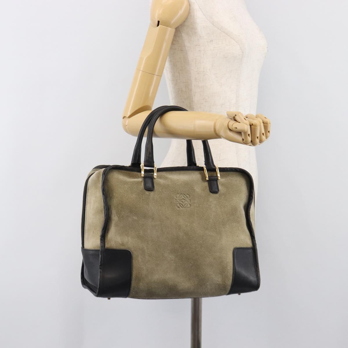 LOEWE Amazona 32 Hand Bag Suede Khaki Gold Tone Auth bs37068