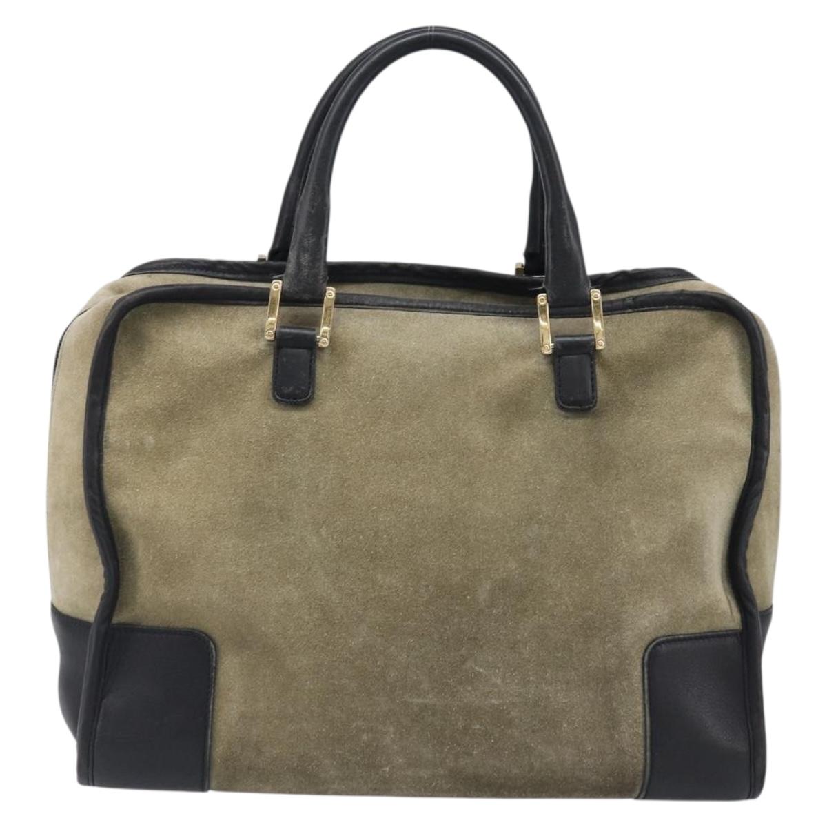 LOEWE Amazona 32 Hand Bag Suede Khaki Gold Tone Auth bs37068