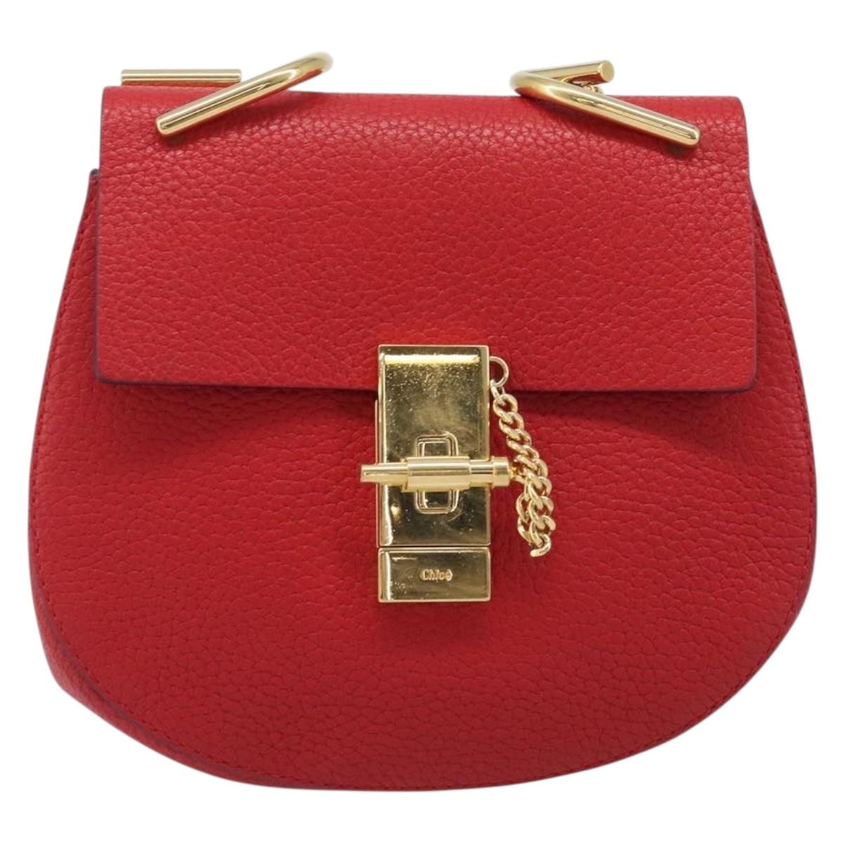 Chloe Drew Chain Shoulder Bag Leather Red Gold Tone Auth bs37070A