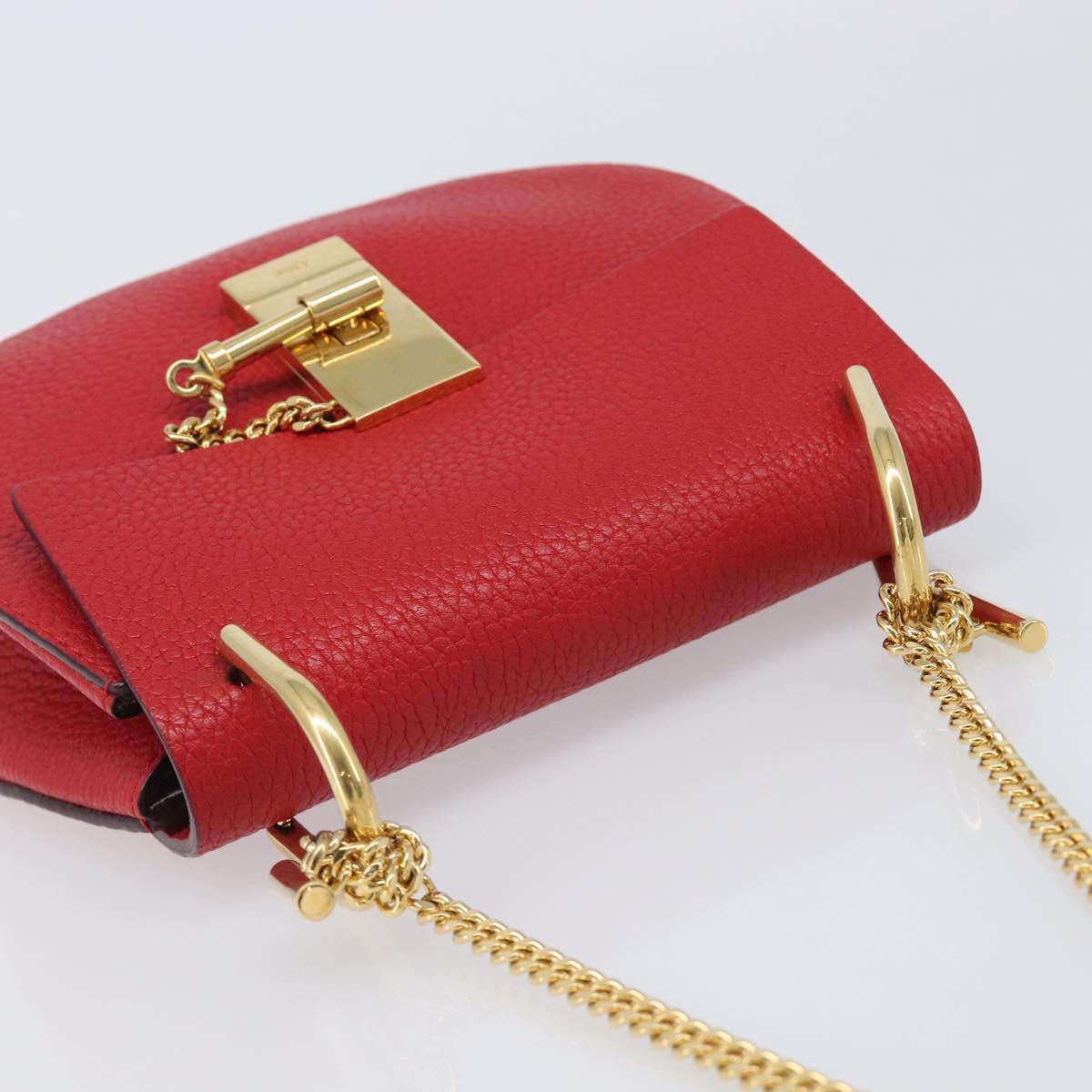 Chloe Drew Chain Shoulder Bag Leather Red Gold Tone Auth bs37070A