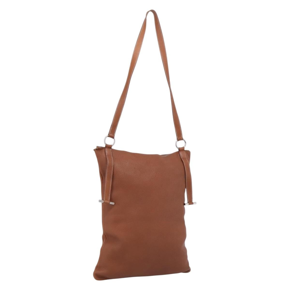 HERMES Shoulder Bag Leather Brown Silver Auth bs37078