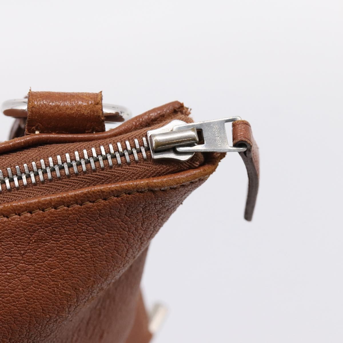 HERMES Shoulder Bag Leather Brown Silver Auth bs37078